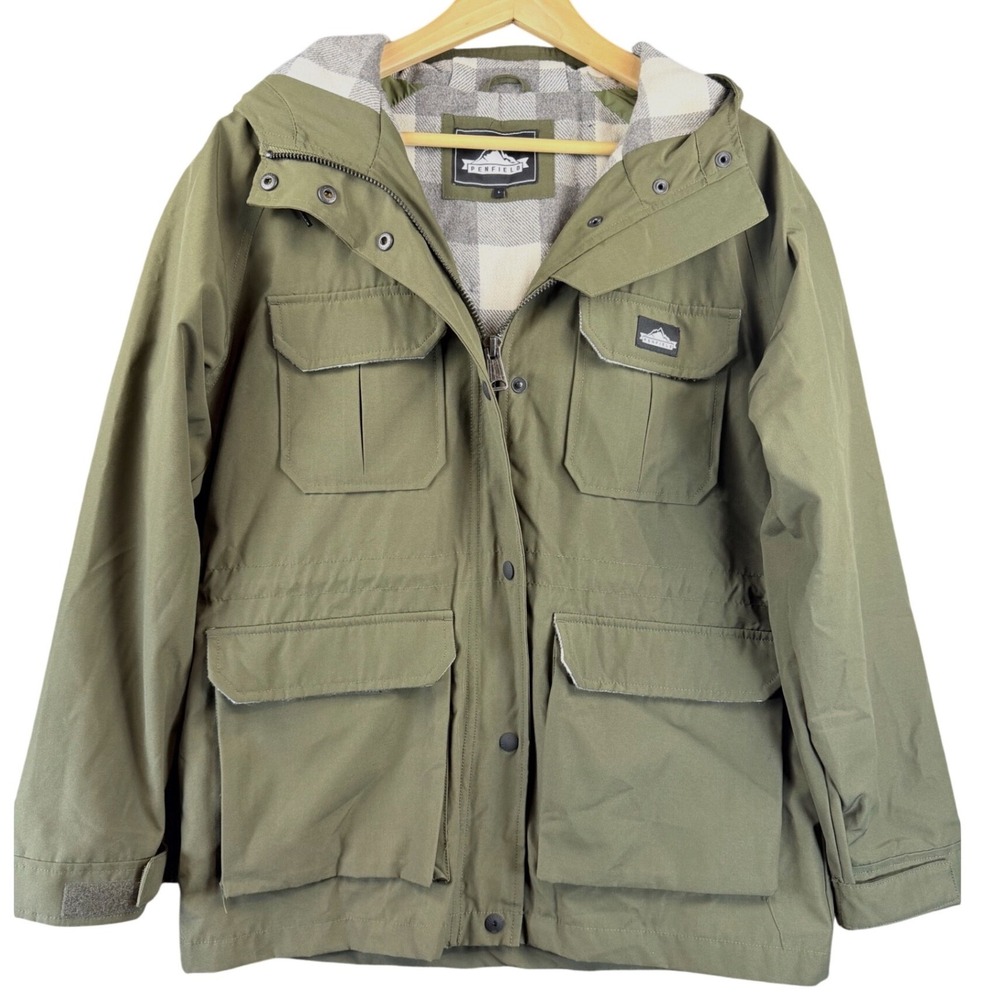 Penfield Women Olive Green 80/20 Mountain Parka Plaid Lined Hooded Jacket Large